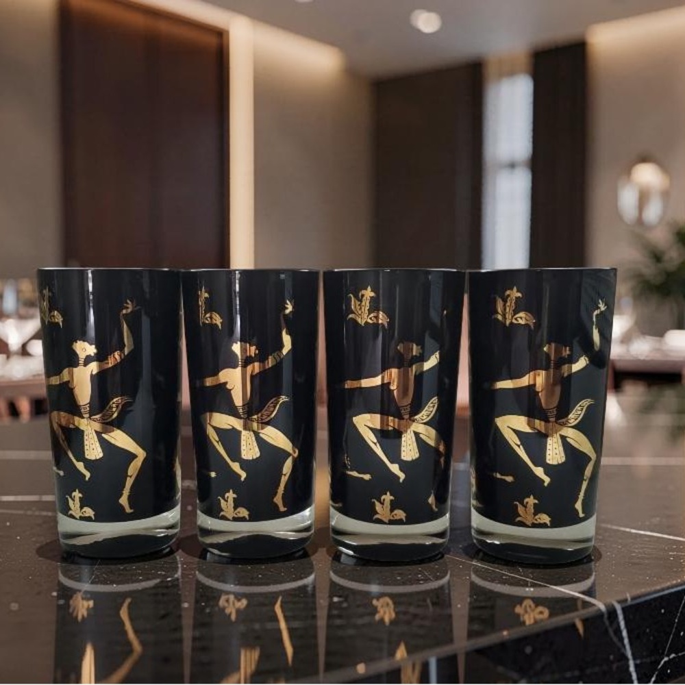 MCM Federal Glass Josephine Baker Frosted Black & Gold Dancer Bar Glass Set of 4